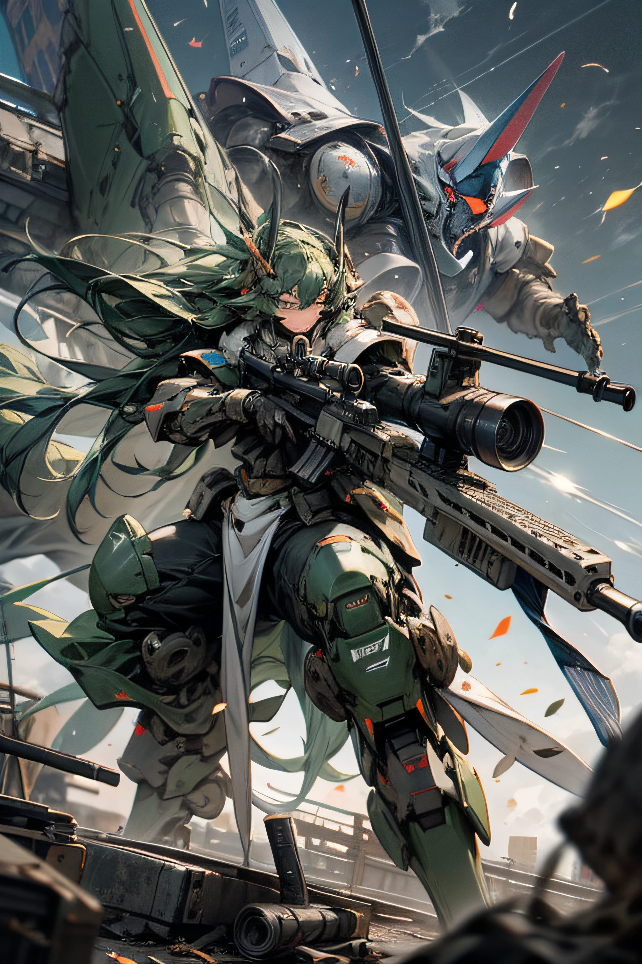 Huge Mecha, Sniper, Armour plated, shooting, bullets, firing from sky, ultra big sniper rifle