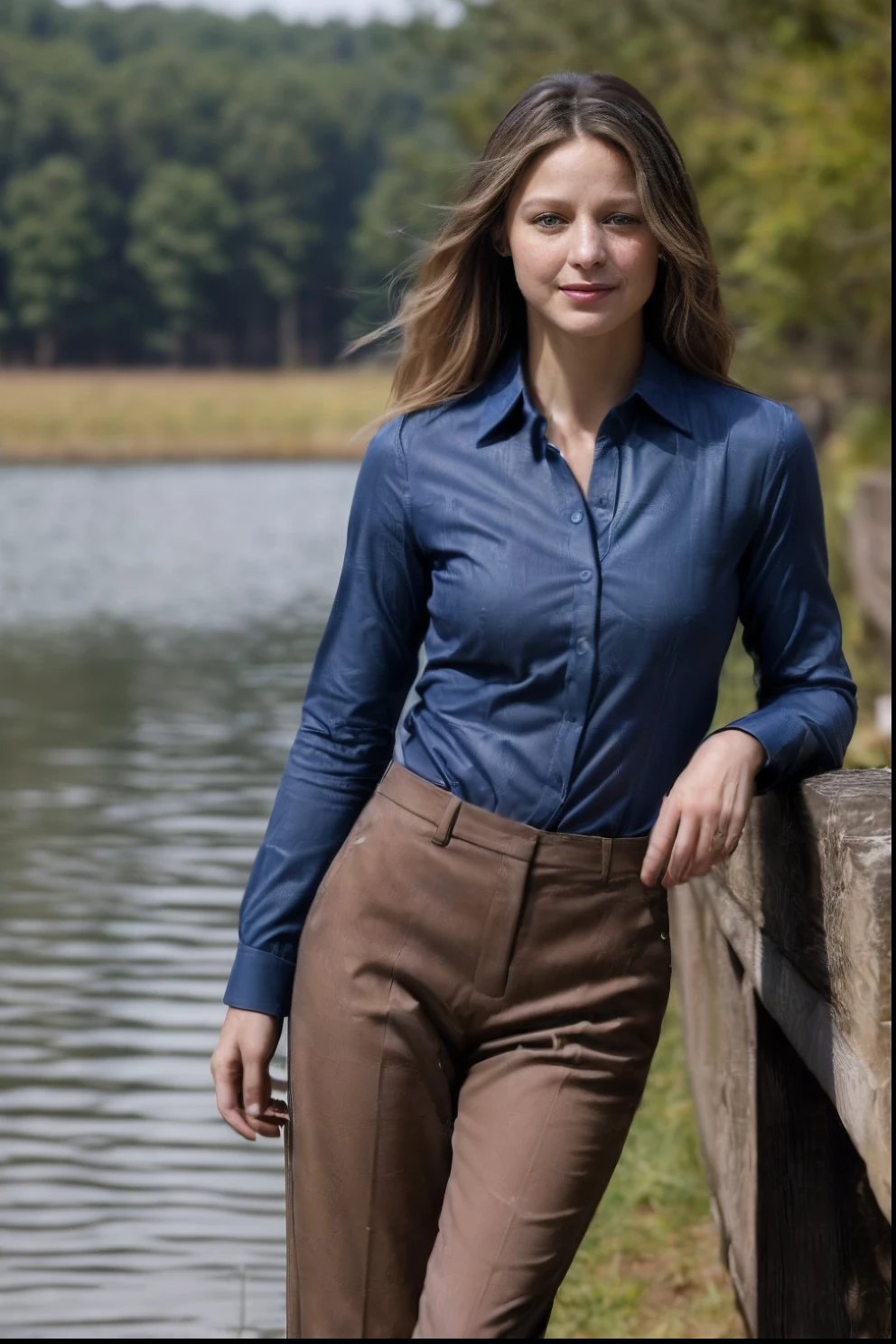 ((( Raw photo ,high quality full body photograph: 2.9, insanely detailed skin surface :2.9, professional vogue  photoshoot , photograph of Melissa Benosit  wearing a  blue color button shirt and a brown color trousers , she is standing near a lake , her seductive smile, in a sexualized pose , dark  atmosphere , her fit figure , flat chest and tiny breast  ))) :( tall woman:1.99999, no makeup :1.99 , freckles skin :1.98 , angry face :1.98  , tall woman: 1.98 ,hot sexy woman ) [ ((  hot mature woman :1.95 ),full body, her entire sexualized body is shown in the photograph,((( correct hands, Kodak 200T, dreamlike lighting, global illumination ,Clear facial features:1.98, low contrast: 1.99, 85mm, 100mm lens, f/1.8, candid, naturalistic , uplight, Ilford film stock --ar 16:9 --q 2 --v 5, Create ultra-detailed images textures, capturing every detail with precision )))