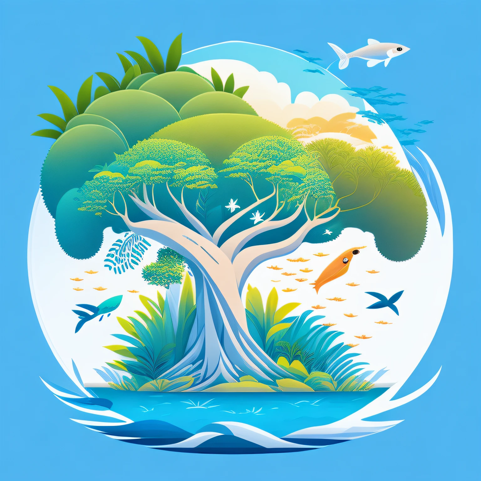 Water banyan tree in summer landscape，The bird、The fish、T-shirt design，rzminjourney，vectorial art，Round contour，white backgrounid，planet earth，Number 2，2D flat design