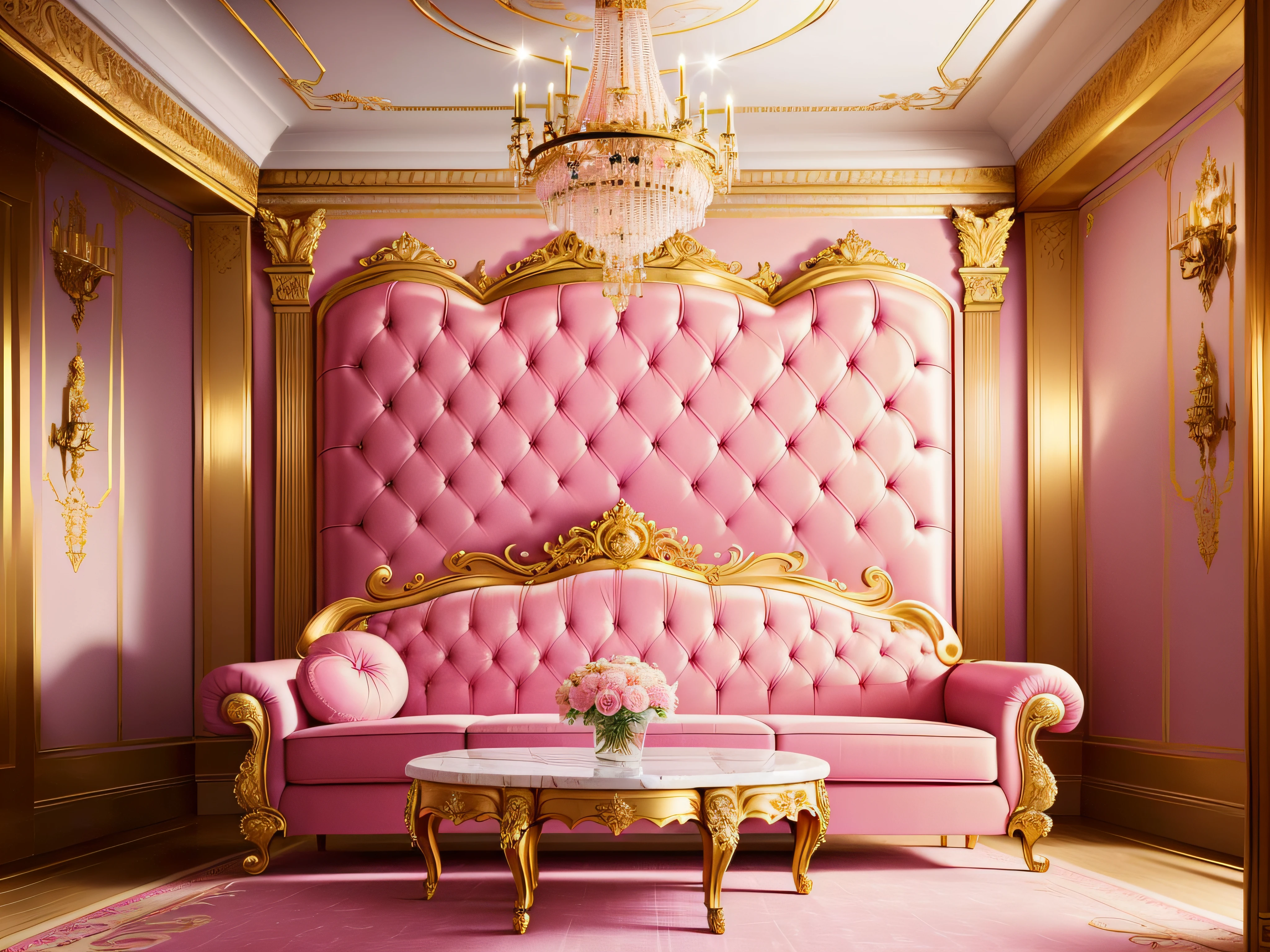 The room has a pink sofa and a gold table, Royal Interior, Pink and gold color scheme, brightly lit pink room, Luxurious Rococo Baroque style, exquisitely designed throne room, the style of rococo, Pink and Gold, gold and luxury materials, Abandoned rococo salon, Baroque interior, Baroque marble and gold in space, Rococo style