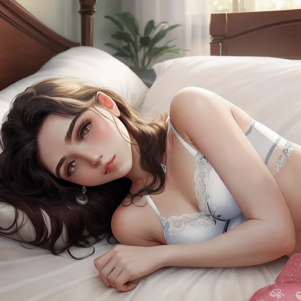 A beautiful woman lying on the bed in her underwear