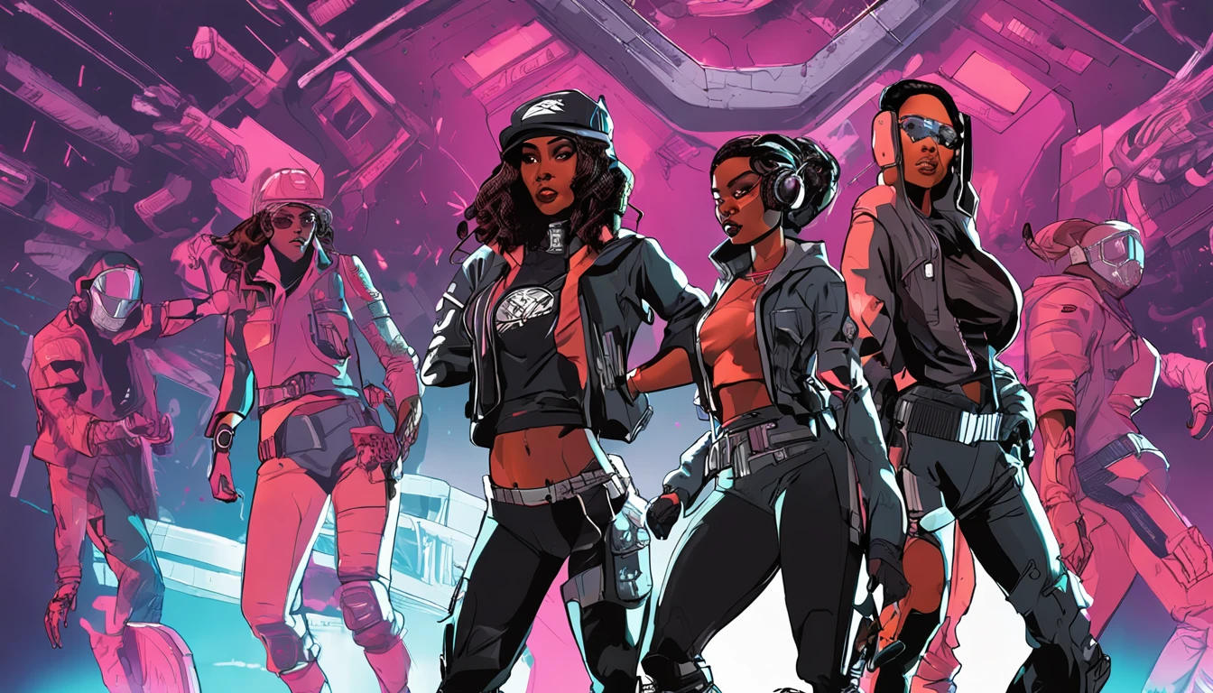 intimidating, badass sci-fi face reveals, fierce females, savage Anthropomorphic beautiful looking cyborgs girls hip-hop, sci-fi ship crew, in mid-air gangsta West Coast hip-hop stance, intense dancing moving choreography, gang signs, representing space gang breakdancing
