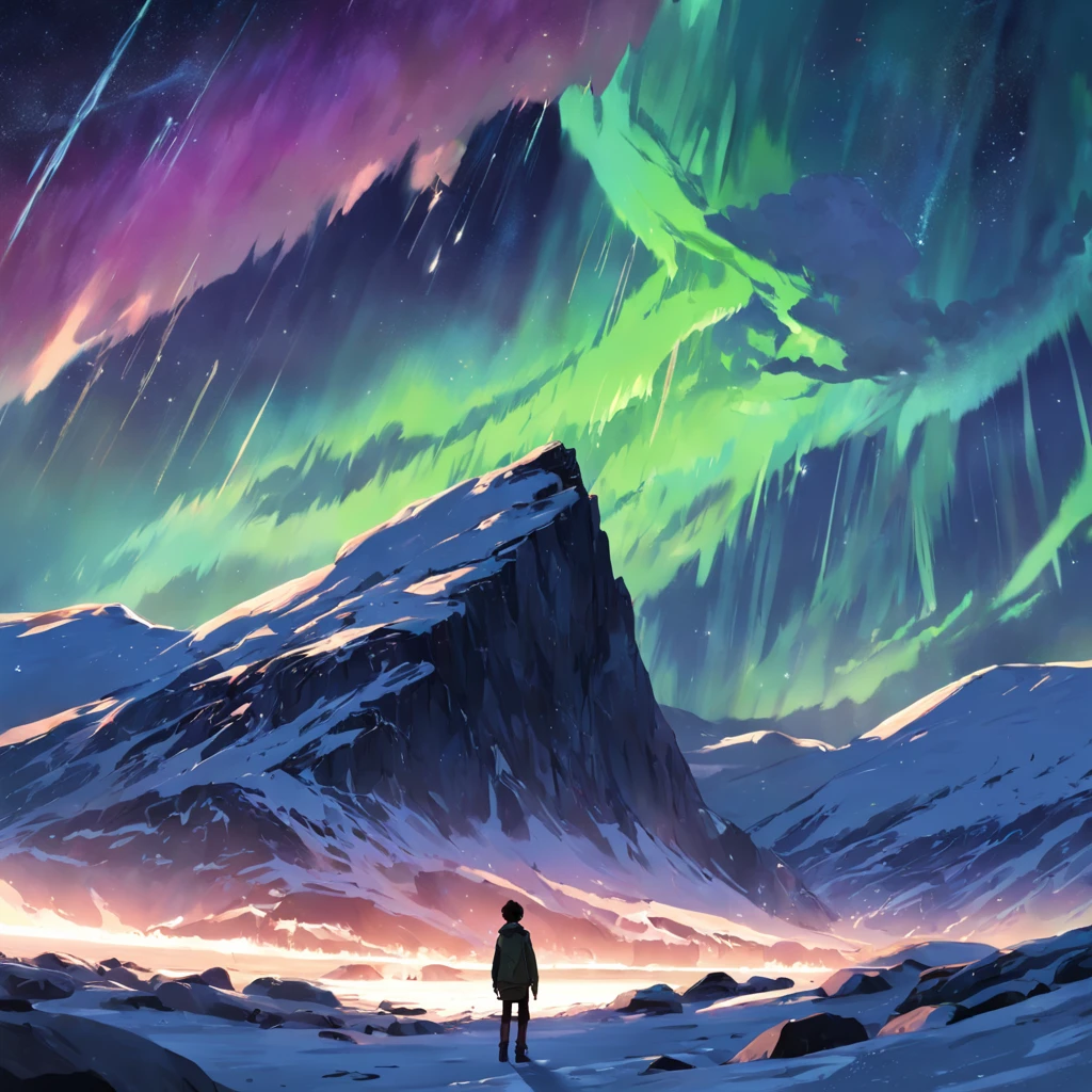Aurora Borealis with Thunder, Montanha nevada, Noruega, silhueta de homem com machado