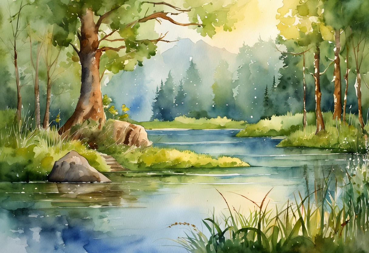 the wallpaper， 夏天， lake， zori， ln the forest， Detailed forest， Clouds， tmasterpiece， cinematic ligh， softlighting， depth of fields， Ray traching， reflection in water， hentail realism， A detailed，