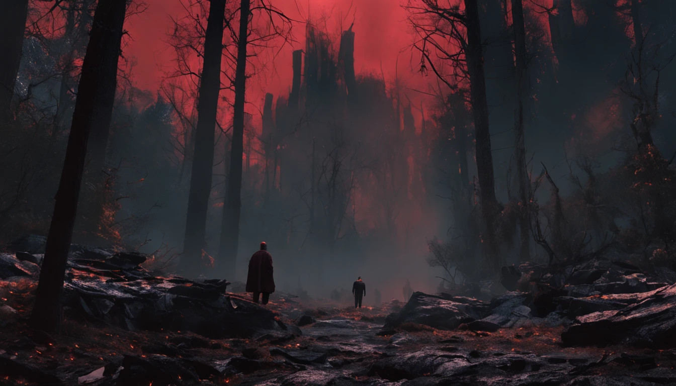 Beautiful vampires ahead, (Huge werewolves standing in the distance),Forest at night,Bared fangs, full bodyesbian, Dramatic lighting, abstract expressionism, Metaphysical, expressionistic, Golden ratio,detail, Aesthetic, Octane rendering, Excellent composition, Natural texture, 8k oil, pain, Masterpiece, canon eos r4s 50