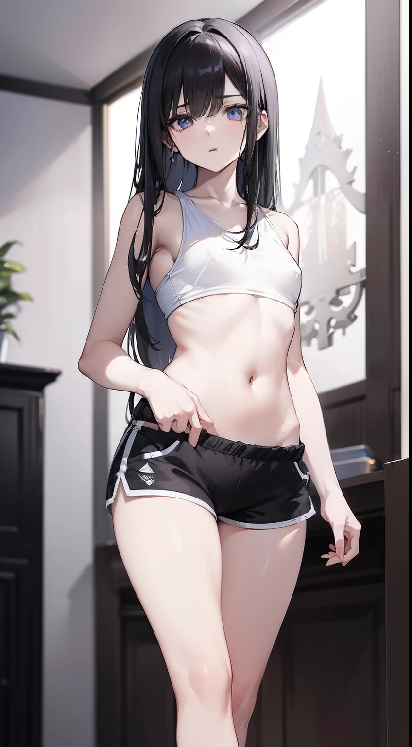 1girl, (alone:1.2), ((master piece)), (Shadow), [slender], (small breasts), ((sharp focus)), pale skin, ((Detailed eyes)), (blurred background), (dynamic angle), black hair, closed mouth, Tank top, a shorts, standing, indoor, Living room, Straight hair, Looking at Viewer, cold, indifferent expression, big chest, thick legs, thick thighs