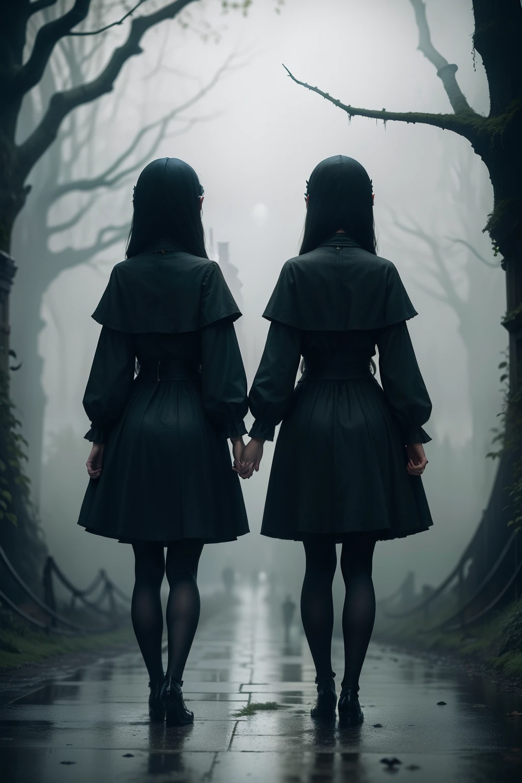 The eerie twins stand hand in hand at the end of the dark, damp promenade