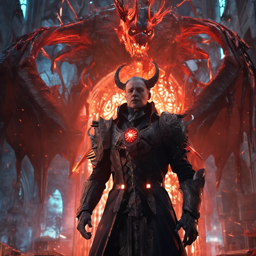 (Many award-winning masterpieces,The details are incredible, textures and maximum detail), (Hyper-realistic: 1.4), (Realistic: 1.3), A portrait of a woman in mechanical magic style,Red-blue light,Movie lighting,(Highest quality authentic textured skin), Fantasy theme, Black clothes, Black cloak, Network elements, Red light, Blue light, finerly detailed face, ((medieval world)), (Full body portrait: 1.6), ((Lord's Flame Demon)), (((Lord's Hellfire Demon))) , (Bright and cold eyes), (Full body standing picture: 1.6), (With a mischievous smile on his face), (Eyes that glow red in the dark: 1.5), (A pair of red eyes,A strong red light is emitted from the inside) :1.5), (full-body standing image: 1.5), (Flames and flames swirl in the background), (Dramaticlight), Wings, (A majestic sight), (Her face is gentle and beautiful, but somehow terrifying), Ears Wear glass earrings, (Dramatic photo: 1.4), (Full body portrait: 1.5), ((dramatic pose)), (blond hairbl), (Silver hair), (maroon hair), Short hair, ((Looking up)) , ((Look down)), (A simple necklace of exquisite workmanship hangs around the neck), (Bioluminescence that emits brilliant light: 1.3), (Use gorgeous fire magic: 1.2), (swirling fire), Devil's Cathedral, The Devil's Grand Shrine, great temple, great cathedral, Temple ruins, Freestanding temple, (Glowing magic array), Ancient Castle Site, Shine majestic clouds and sky, Lightning, Epic reality, fading, art, (greg rutkovsky: 0.8), (Teal and orange: 0.4), (art stations: 1.5), Cinematic, ((com cores neutras)), (hdr: 1.5), (Pastel colors: 1.2), Ultra detailed, Dramaticlight, (complexdetails: 1.1), the complex background,