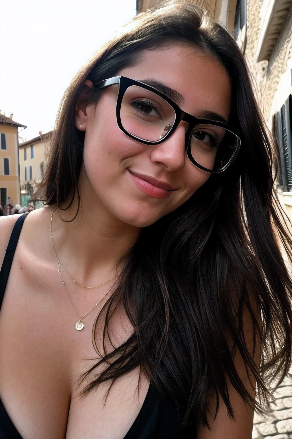 Instagram-Foto, Nahaufnahme Gesicht 1.4f, bookeh effect, Sonnenbrille, haarreif, Foto von 23 Y.o Chloe in black clothes on Italy's streets, Spaltung, blasse Haut, (smil:0.4), Harte Schatten, posierend, positionen, angeben, sexuell, ((NSFW)), Mikro-Details, weiches Licht, fotorealistisch, proportional, Hyper Details,