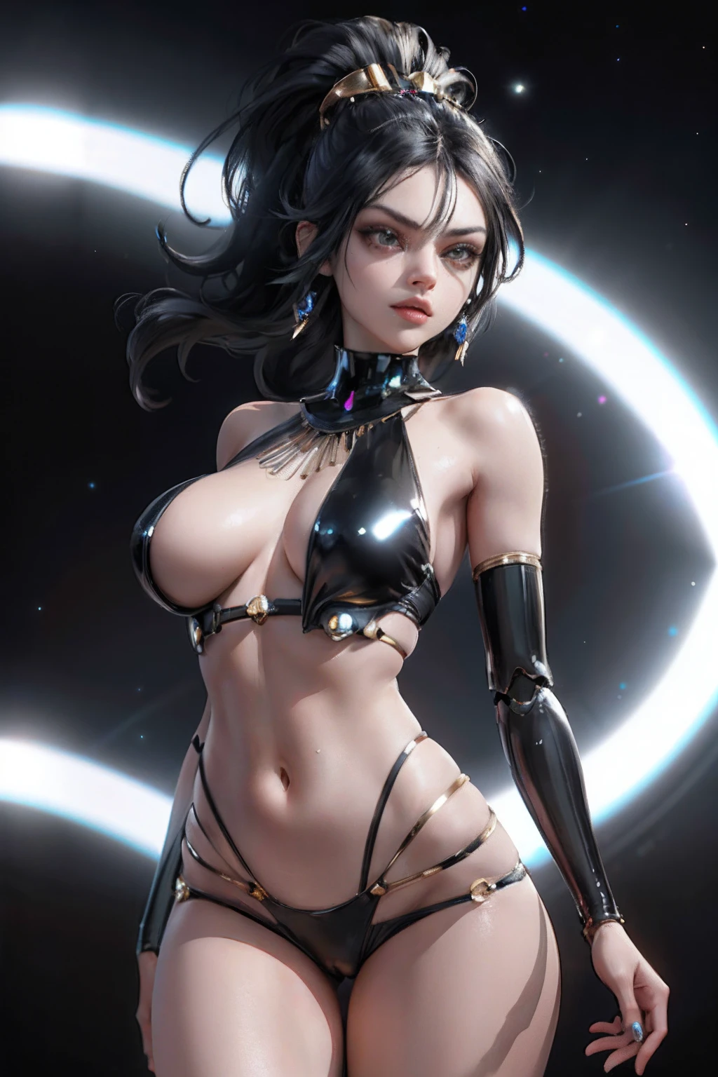 (masterpiece:1.2, best quality), Mila Kunis as a kitten fairy goth futuristic robot in a spacecraft traveling through space. vivid silver, black colors., looking at viewer, realistic, masterpiece, highest quality, backlighting, (lens flare:1.1), (bloom:1.1), (chromatic aberration:1.1), by Jeremy Lipking, by Antonio J. Manzanedo), huge breasts, (Dynamic posture), (shiny skin, darkskin), black dress, (Sahara Desert), black ponytail, bangs, (jewellery, gold ornament:1.15), big pelvis