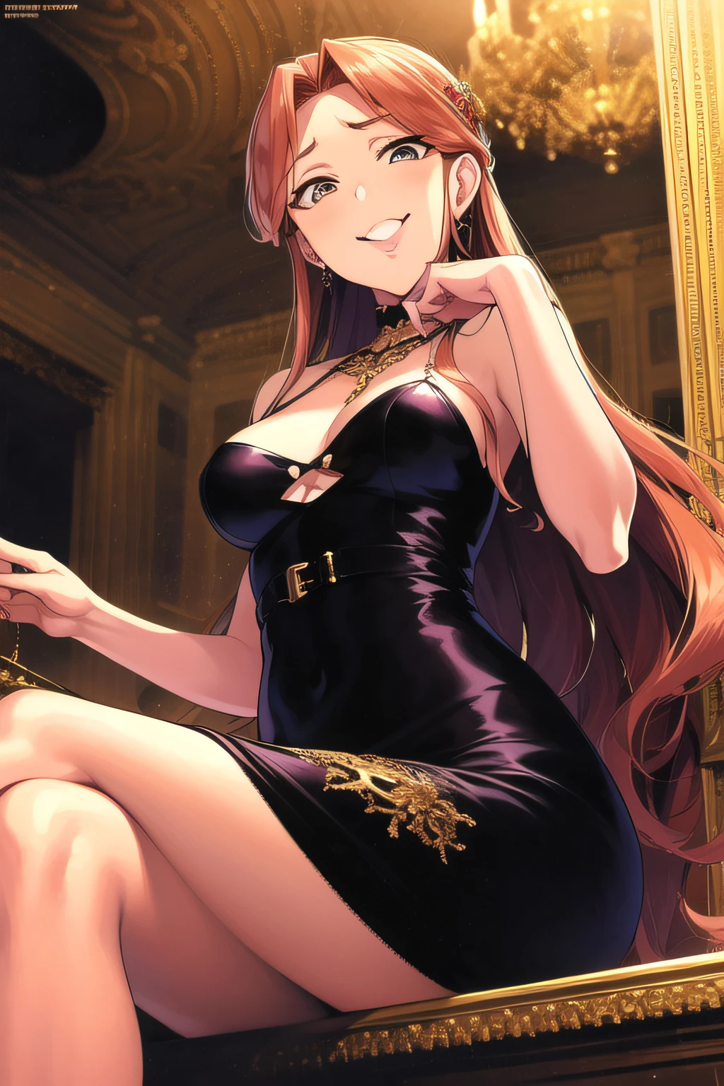 (((Best quality))), ((Ultra-detailed)), ((illustration)), ((Disheveled hair)), ((frilld)), (1 girl),(Solo),Fechin,Oil painting,Impressionism,Renaissance style,acrycle painting,Oil paints,1girll, chain, Crossed_Legs, Reflectors, Looking_at_peeping at the viewer, Open_Mouth, Sitting, Solo, Rating:safe,