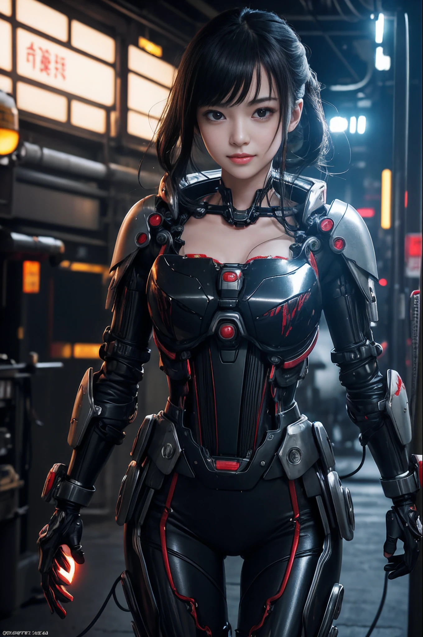 of the highest quality, masutepiece, Ultra High Resolution, (Photorealistic: 1.4), Raw photo, 1 Cyberpunk Girl, Black hair, Glossy skin, 1 Mechanical Girl, (super realistic details)), Full body, Global Illumination, Contrasty, shadowy, Octane Rendering, 8K, ultrasharp, Cleavage exposed, Raw skin, Metal, Intricate decoration details, Japan details, high intricate detailed, Realistic light, Trends in CG, Facing the camera, neon details, Mechanical limbs, blood vessels connected to tubes, Mechanical vertebrae attached to the back, Mechanical cervical attachment to the neck, Wires and cables connecting to the head, Gundam, Small LED lamps.18 years old girl、silber hair、Perfectly round pupils、Tremendous irisﾃﾞｨﾃｰﾙ, light smile, sexy pose