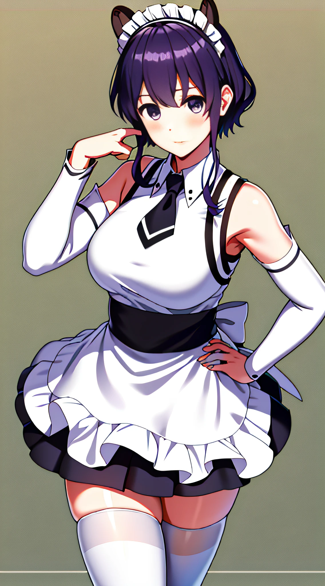 Masterpiece, Best quality, A high resolution, hyoudou michiru, Solo, Fake animal ears, white thighhighs, maid headdress, Detached sleeves, Black skirt, White apron, Sleeveless shirt, White shirt, black necktie, frilly apron, Cowboy shot