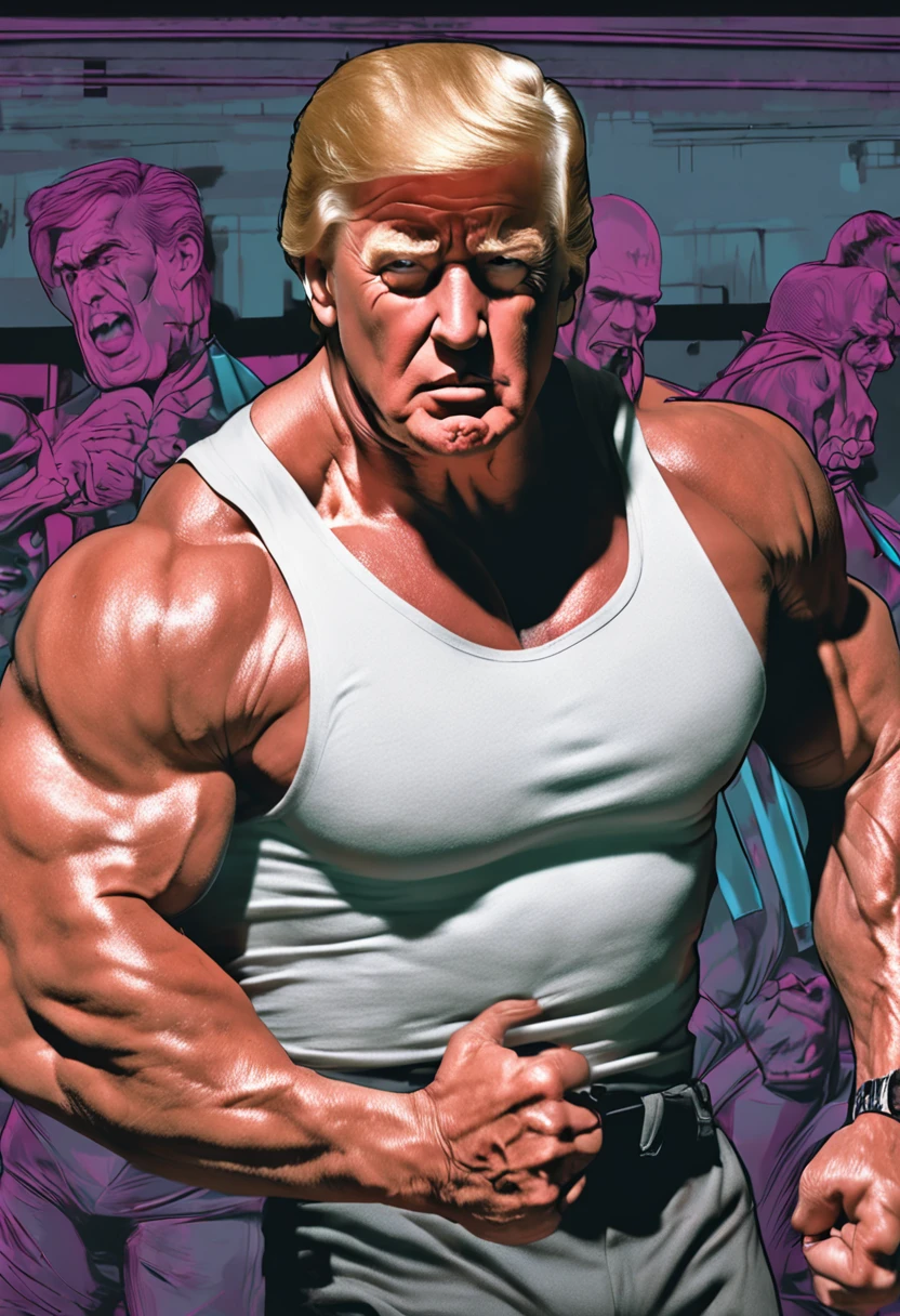 donald trump, body builder, muscular, tight sleeveless 3 piece suit