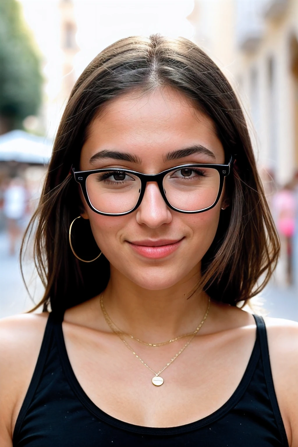 Instagram-Foto, Nahaufnahme Gesicht 1.4f, bookeh effect, Sonnenbrille, haarreif, Foto von 23 Y.o Chloe in black clothes on Italy's streets, Spaltung, blasse Haut, (smil:0.4), Harte Schatten, posierend, positionen, angeben, Mikro-Details, weiches Licht, fotorealistisch, proportional, Hyper Details,