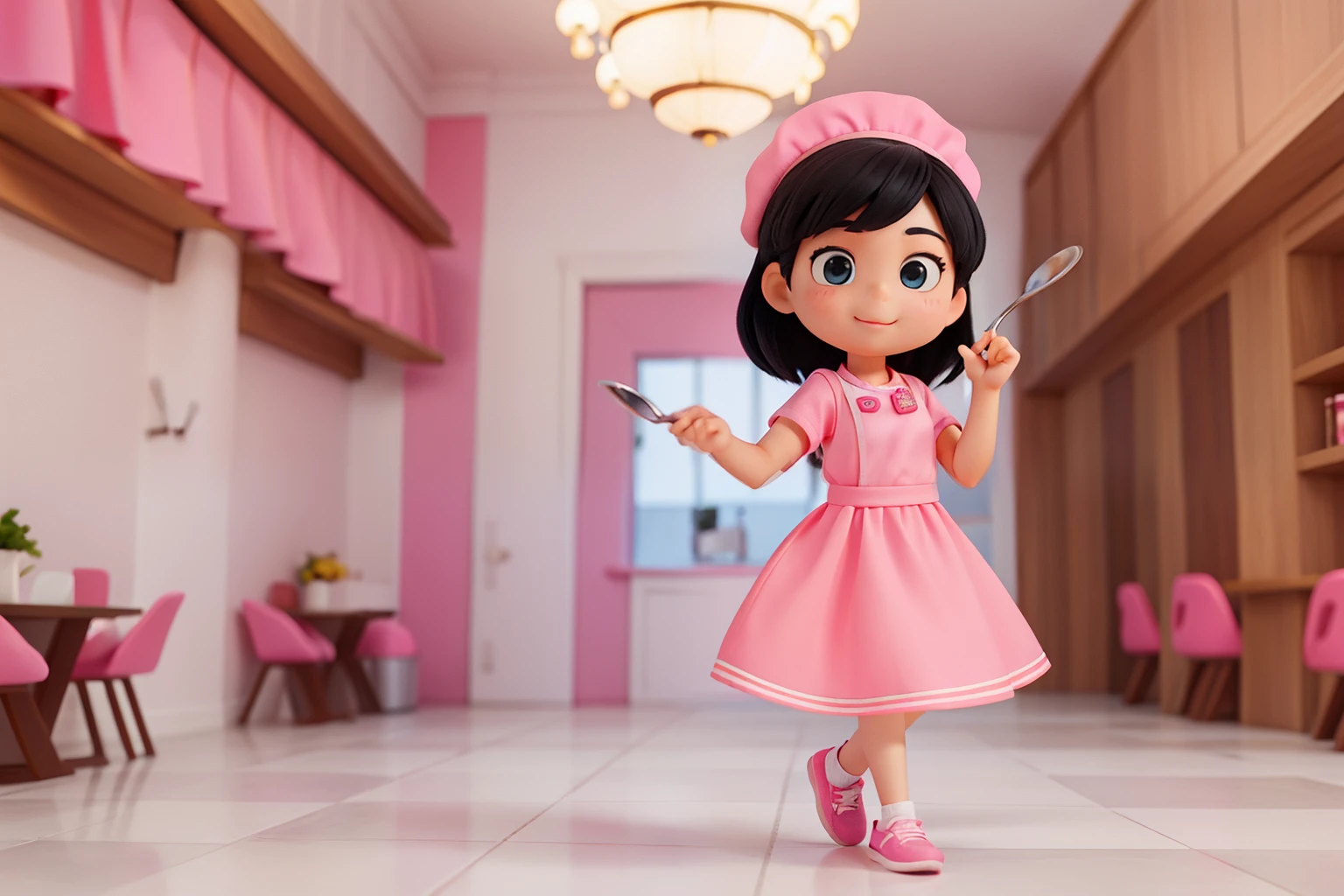 Cute fashion cartoon chef girl,Black hair,Left hand gestures are more awesome than awesome,Hold a spoon in your right hand,Cute face,vividness,realisticlying,Pink clothes,Pink fashion dress,Pink casual shoes,white backgrounid
