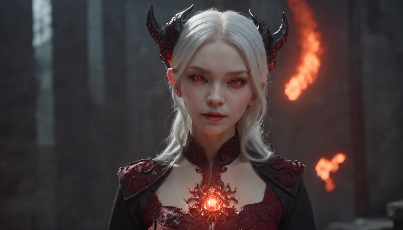 (Many award-winning masterpieces,The details are incredible, textures and maximum detail), (Hyper-realistic: 1.4), (Realistic: 1.3), (Highest quality authentic textured skin), Fantasy theme, Black clothes, Black cloak, Network elements, Red light, Blue light, finerly detailed face, ((medieval world)),A close-up of a woman,(Lord's Flame Demon)), (((Lord's Hellfire Demon))) (With a mischievous smile on his face), (Eyes that glow in the dark: 1.5), (A pair of black eyes,A strong red light is emitted from the inside) :1.5), (full-body standing image: 1.5), (Dramaticlight), Wings, (A majestic sight), (Her face is gentle and beautiful, but somehow terrifying), Ears Wear glass earrings, (Dramatic photo: 1.4), (Full body portrait: 1.5), ((dramatic pose)), (blond hairbl), (Silver hair), (maroon hair), Short hair, ((Looking up)) , ((Look down)), (A simple necklace of exquisite workmanship hangs around the neck), (Bioluminescence that emits brilliant light: 1.3), (Use gorgeous fire magic: 1.2), (swirling fire), Devil's Cathedral, The Devil's Grand Shrine, great temple, great cathedral, Temple ruins, Freestanding temple, (Glowing magic array), Ancient Castle Site, Shine majestic clouds and sky, Lightning, Epic reality, fading, art, (greg rutkovsky: 0.8), (Teal and orange: 0.4), (art stations: 1.5), Cinematic, ((com cores neutras)), (hdr: 1.5), (Pastel colors: 1.2), Ultra detailed, Dramaticlight, (complexdetails: 1.1), the complex background,