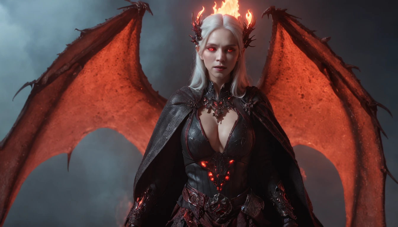 (Many award-winning masterpieces,The details are incredible, textures and maximum detail), (Hyper-realistic: 1.4), (Realistic: 1.3), (Highest quality authentic textured skin), Fantasy theme, Black clothes, Black cloak, Network elements, Red light, Blue light, finerly detailed face, ((medieval world)),A close-up of a woman,(Lord's Flame Demon)), (((Lord's Hellfire Demon))) (With a mischievous smile on his face), (Eyes that glow in the dark: 1.5), (A pair of black eyes,A strong red light is emitted from the inside) :1.5), (full-body standing image: 1.5), (Dramaticlight), Wings, (A majestic sight), (Her face is gentle and beautiful, but somehow terrifying), Ears Wear glass earrings, (Dramatic photo: 1.4), (Full body portrait: 1.5), ((dramatic pose)), (blond hairbl), (Silver hair), (maroon hair), Short hair, ((Looking up)) , ((Look down)), (A simple necklace of exquisite workmanship hangs around the neck), (Bioluminescence that emits brilliant light: 1.3), (Use gorgeous fire magic: 1.2), (swirling fire), Devil's Cathedral, The Devil's Grand Shrine, great temple, great cathedral, Temple ruins, Freestanding temple, (Glowing magic array), Ancient Castle Site, Shine majestic clouds and sky, Lightning, Epic reality, fading, art, (greg rutkovsky: 0.8), (Teal and orange: 0.4), (art stations: 1.5), Cinematic, ((com cores neutras)), (hdr: 1.5), (Pastel colors: 1.2), Ultra detailed, Dramaticlight, (complexdetails: 1.1), the complex background,