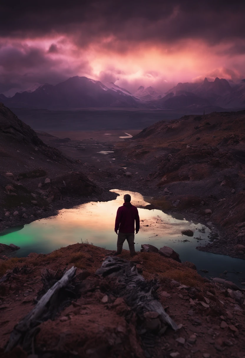 noite escura, aurora no horizonte, montanha nevada, thunder in the foreground, Silhouette of man with axe in one hand