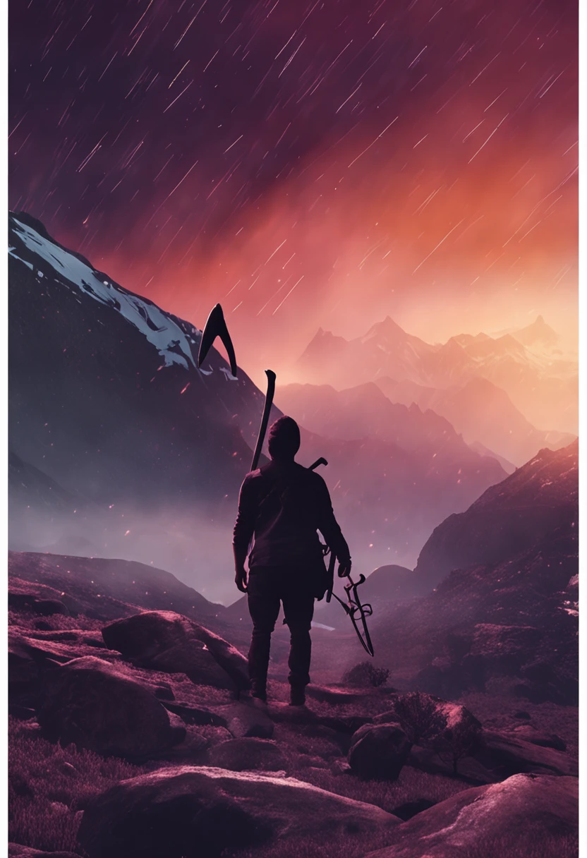 noite escura, aurora no horizonte, montanha nevada, thunder in the foreground, Silhouette of man with axe in one hand