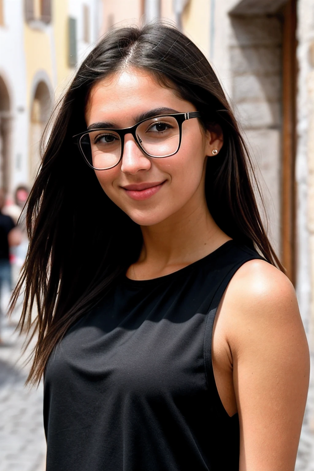 Instagram-Foto, Nahaufnahme Gesicht 1.4f, bookeh effect, Sonnenbrille, haarreif, Foto von 23 Y.o Chloe in black clothes on Italy's streets, Spaltung, blasse Haut, (smil:0.4), Harte Schatten, posierend, positionen, angeben, Mikro-Details, weiches Licht, fotorealistisch, proportional, Hyper Details,