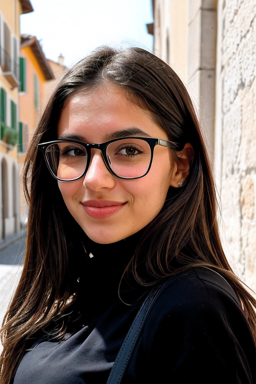Instagram-Foto, Nahaufnahme Gesicht 1.4f, bookeh effect, Sonnenbrille, haarreif, Foto von 23 Y.o Chloe in black clothes on Italy's streets, Spaltung, blasse Haut, (smil:0.4), Harte Schatten, posierend, positionen, angeben, Mikro-Details, weiches Licht, fotorealistisch, proportional, Hyper Details,