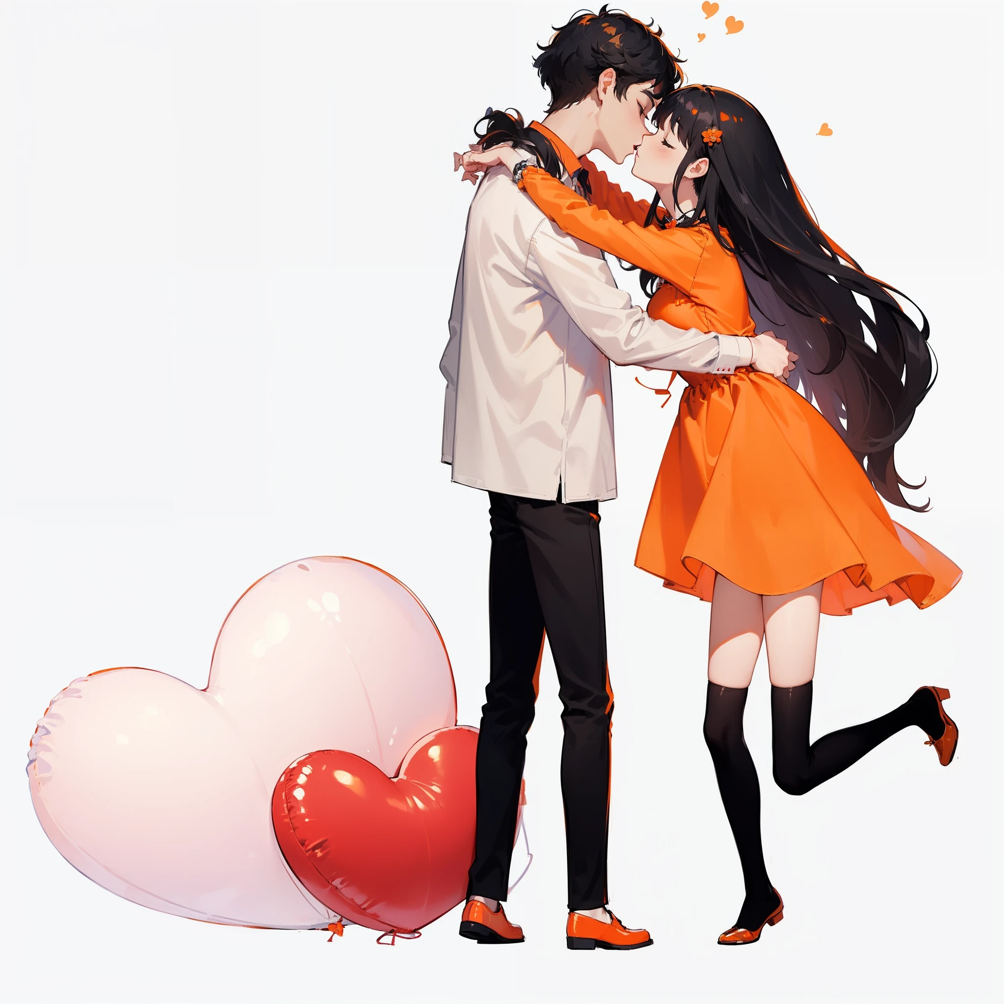 (masterpiece:1.5) highlydetailed, ultra-detailed, solo (1boy), solo (1girl), romantic, closed eyes, standing, couple, hetero, kiss, heart, heart balloon, heart pillow, dress (orange dress), shirt (orange shirt), black hair, long hair, black legwear, thighhighs, pants (black pants), balloon