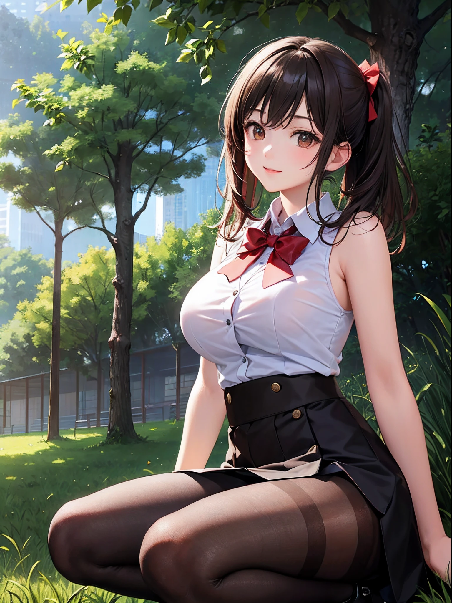 (top-quality: 1.3)、(​masterpiece: 1.3)、(The ultra-detailliert: 1.3)、(wall-paper, one girls)、(White sleeveless collared shirt:1.3)、(Black Mini Flared Skirt:1.3)、(Brown pantyhose:1.3)、Red bow tie、(Brown hair:1.3)、Medium Hair、poneyTail、(Beautiful Large Breasts:1.3)、a park、ssmile、Squatting on the grass、Composition seen from the front