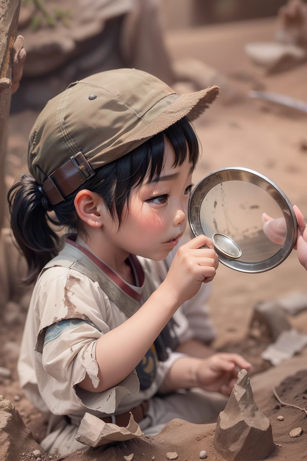 -yeld Chse child，Hola magnifying glass for archaeological geological fossils，Wearing archaeology clothes，Photogram，Close-up of a 10-year-old araeo chileal pictures