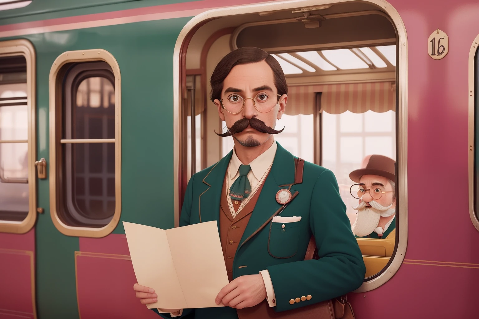 In the whimsical Wes Anderson world, a man with a meticulously combed handlebar mustache and a monocle clutches a fading love letter, his face a mix of longing and nostalgia, set against a backdrop of pastel-hued train carriages.