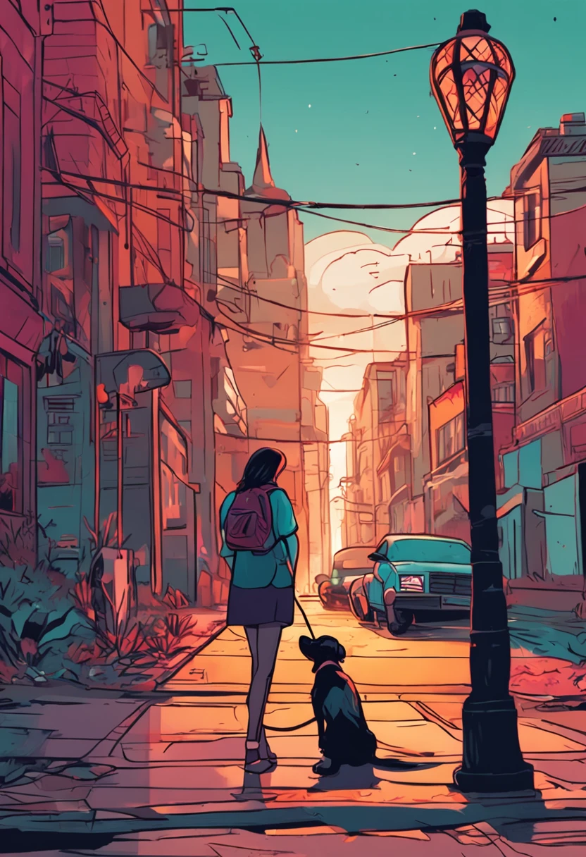 A girl leads a dog standing next to an electric lamppost，hand painted style