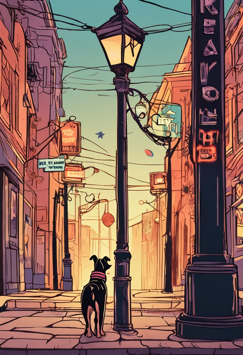 A girl leads a dog standing next to an electric lamppost,hand painted style