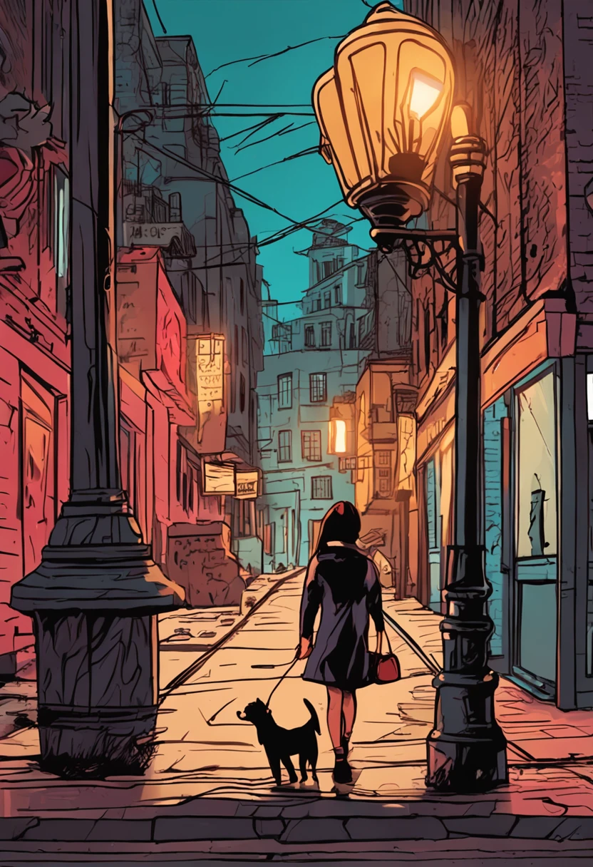 A girl leads a dog standing next to an electric lamppost，hand painted style