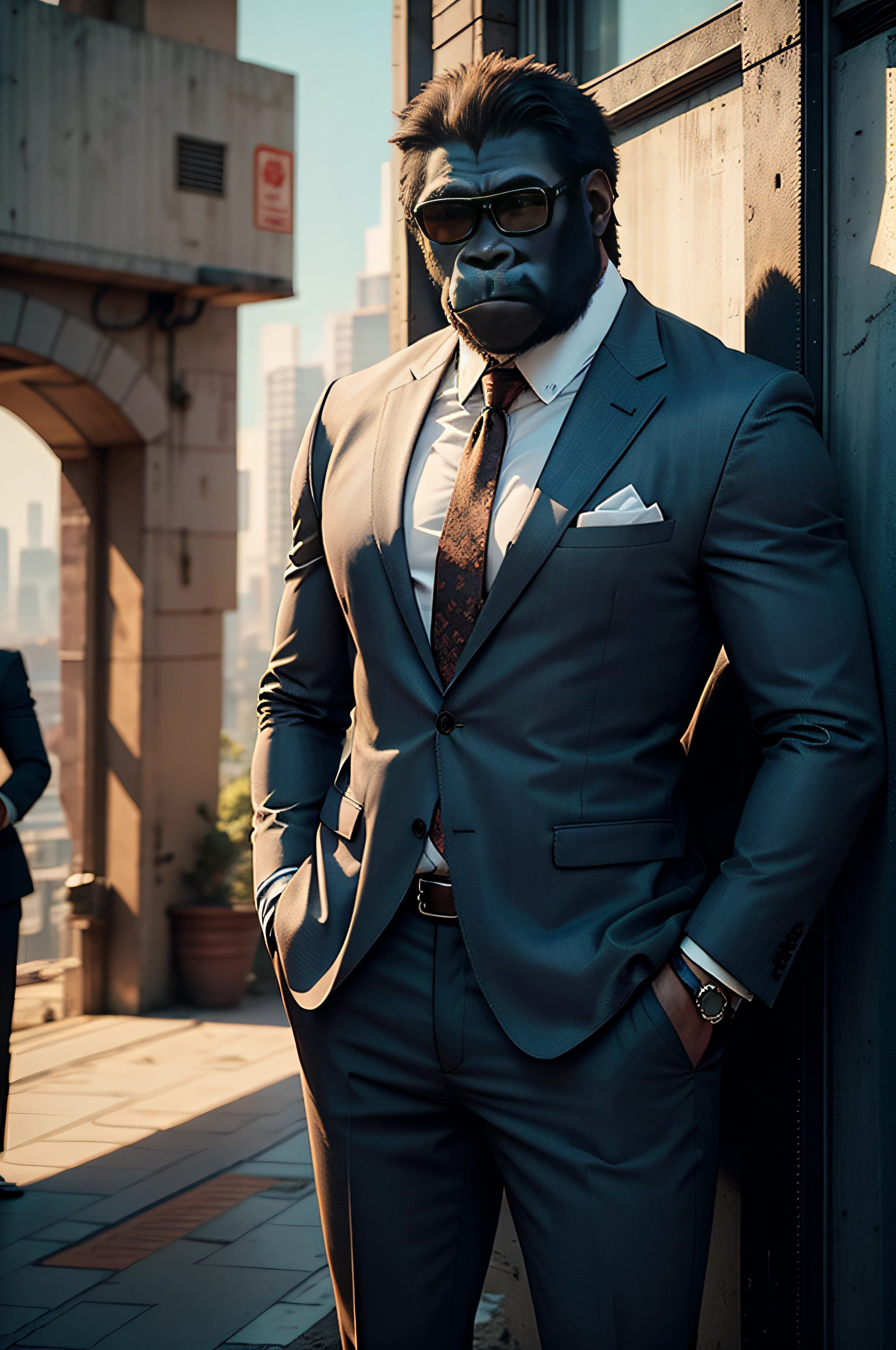 Gorilla in a suit、Good Style、Tough and cool like a model、wears sunglasses、Cool atmosphere、Luxury office in the background