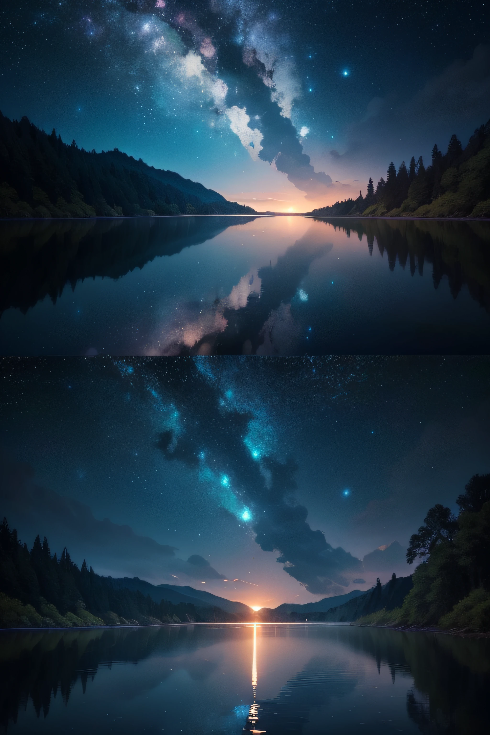 "River theme, starry night, the tranquil beauty beneath a celestial canopy."
