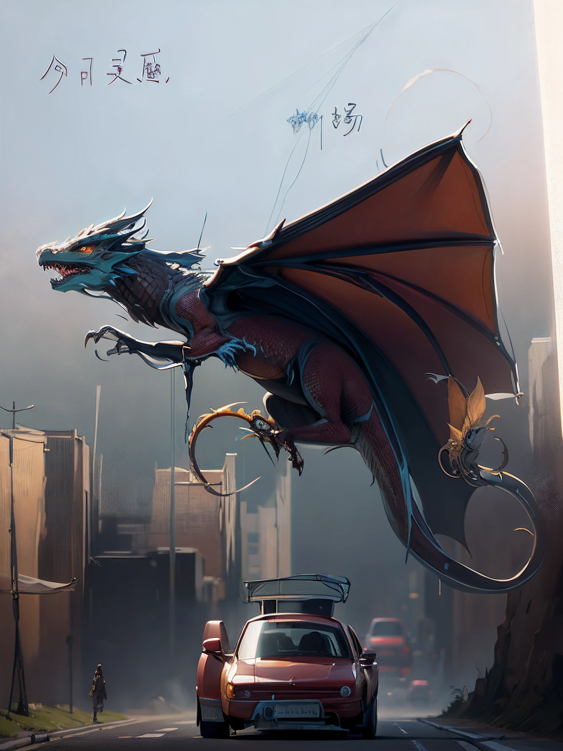 A painting of a dragon driving down the street in a car, Dragon in the background, concept art sketch, dragon flying in the background, Rough sketch, concept-art!!, detailed but rough, sketch of a lucid dream, concept sketches, old sketch, inspired by Farel Dalrymple, concept-art!, inspired by Uragami Gyokudō
