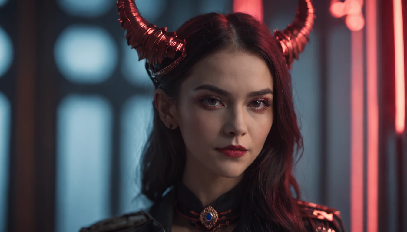 Close-up of a portrait of a woman,cyber punk perssonage,Magic Wings,The incarnation of the devil,Dramatic lighting,Red and blue lights,darkly,divino,perfect compositions,cinmatic lighting,Ultra-delicate skin,