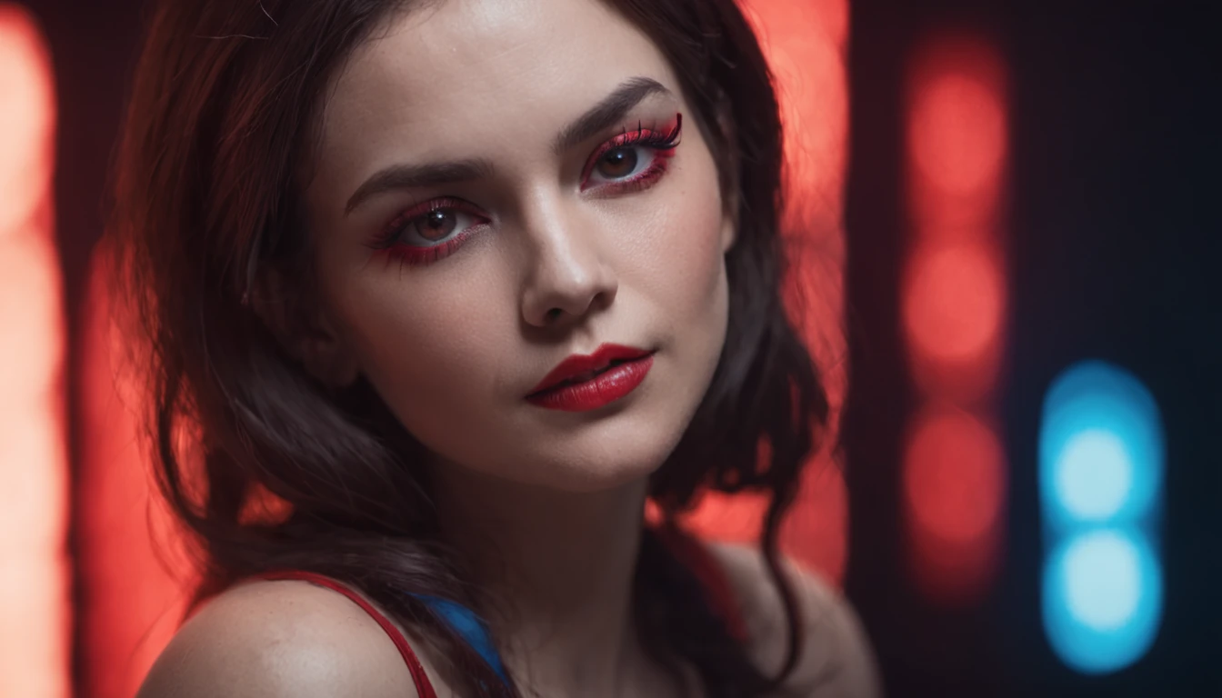 Close-up of a portrait of a woman,cyber punk perssonage,Magic Wings,The incarnation of the devil,Dramatic lighting,Red and blue lights,darkly,divino,perfect compositions,cinmatic lighting,Ultra-delicate skin,