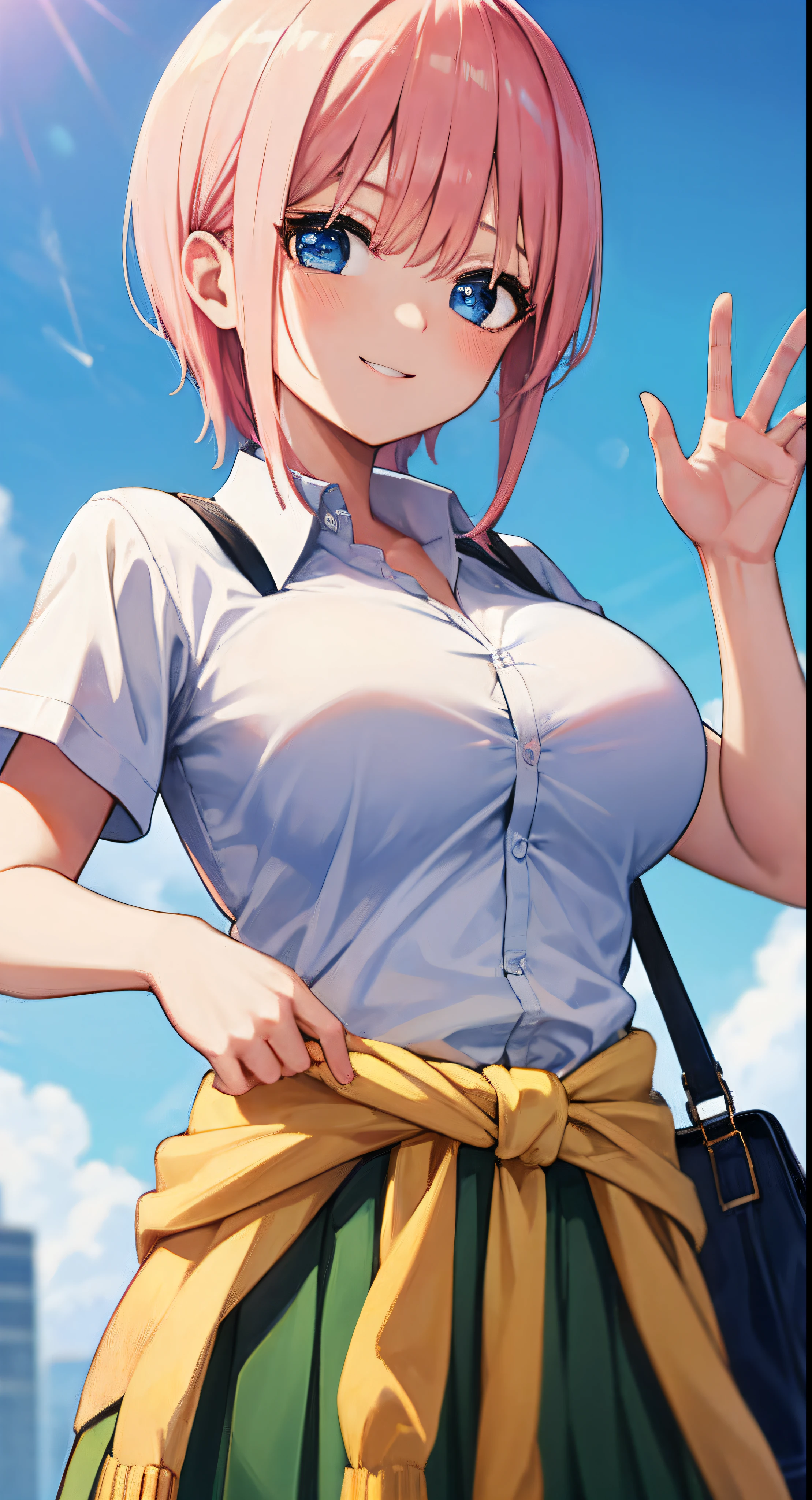 Nakano ichika, 1girl in, Skirt, Pink hair, Shirt, Short hair, Solo, Large breasts, White shirt, Green skirt, Bangs, clothes around waist, Smile, Blue eyes, Pleated skirt, Looking at Viewer, Bag, School uniform, Short sleeves, Collared shirt, Blue sky, hair between eye, blush, Sweaters, Miniskirt, Cardigan around the waist,