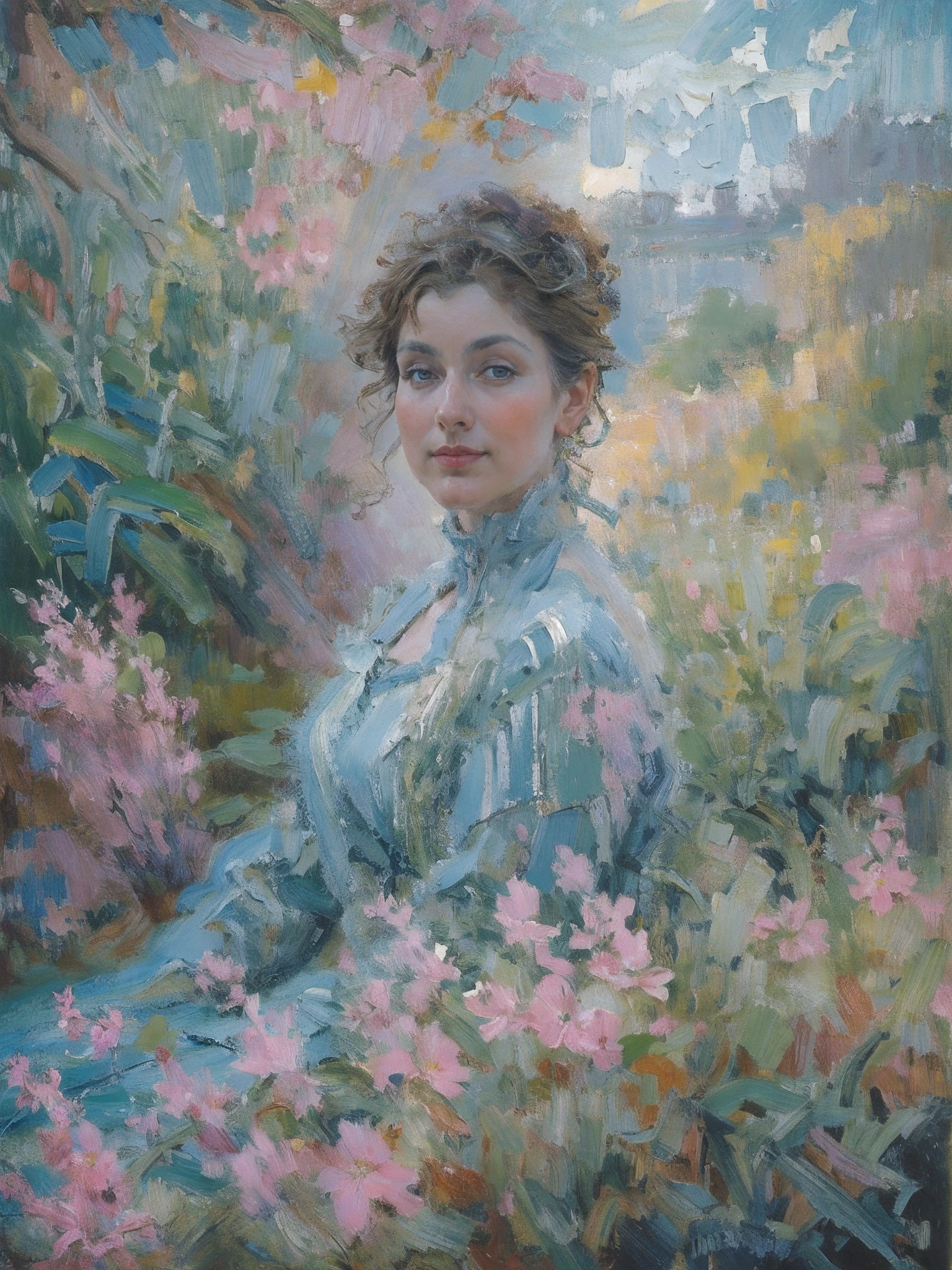 A masterpiece on canvas in the style of Claude Monet, A middle-aged brunette woman, ssmile, Extremely beautiful, Detailed landscape, Hyper-realistic, Elements of symbolism and surrealism, intricatedesign, Foliage, florals, landscape, pastel colour, Blue details, pink details, The woman looked at the audience, Directly on the camera.