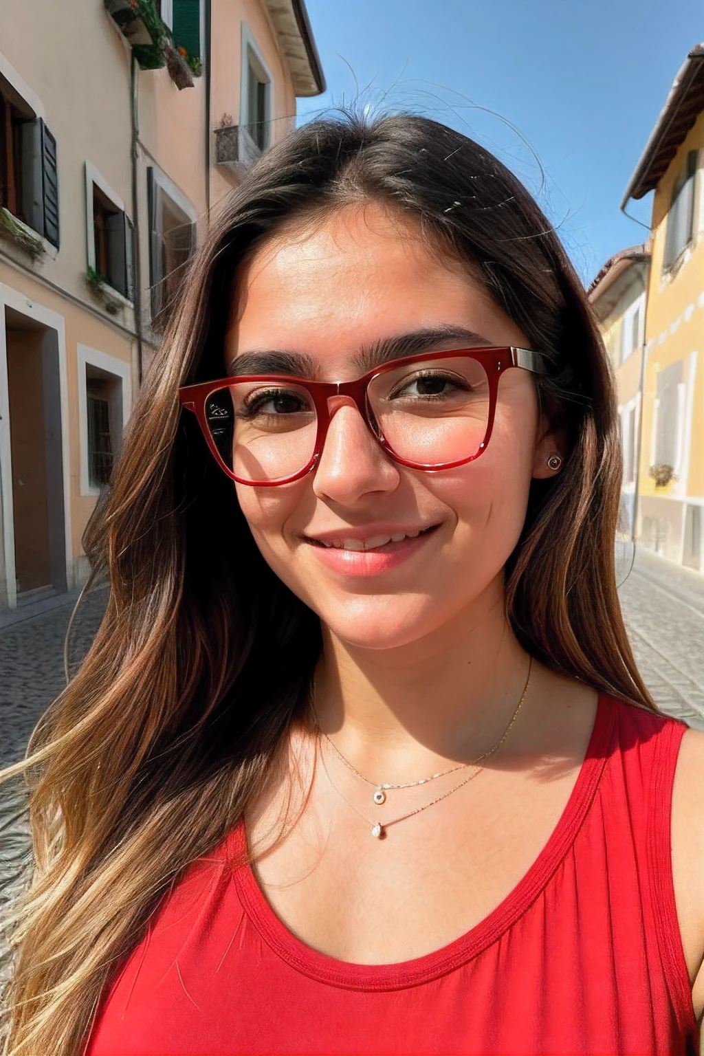 Instagram-Foto, Nahaufnahme Gesicht 1.4f, bookeh effect, Sonnenbrille, haarreif, Foto von 23 Y.o Chloe in red clothes on Italy's streets, Spaltung, blasse Haut, (smil:0.4), Harte Schatten, posierend, positionen, angeben, Mikro-Details, weiches Licht, fotorealistisch, proportional, Hyper Details,