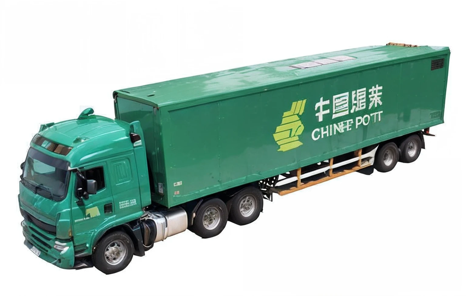 The green box body reads "China Post" box van driving in the desert,The screen shows that you are driving from right to left