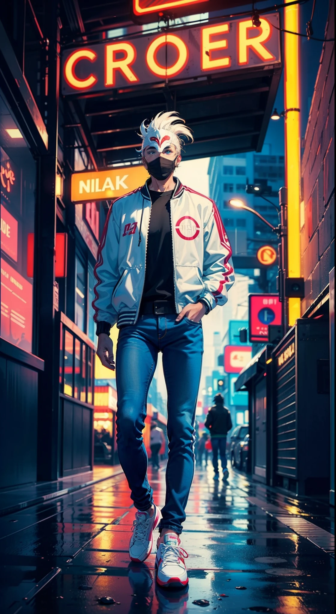 A man in a white rooster mask and brown letterman jacket stands in the middle of a neon-lit 1980's Miami street, His blue jeans are illuminated by a Dlorian DMC-12 parked behind him, When the vibrant lights of the city reflect on his sneakers.