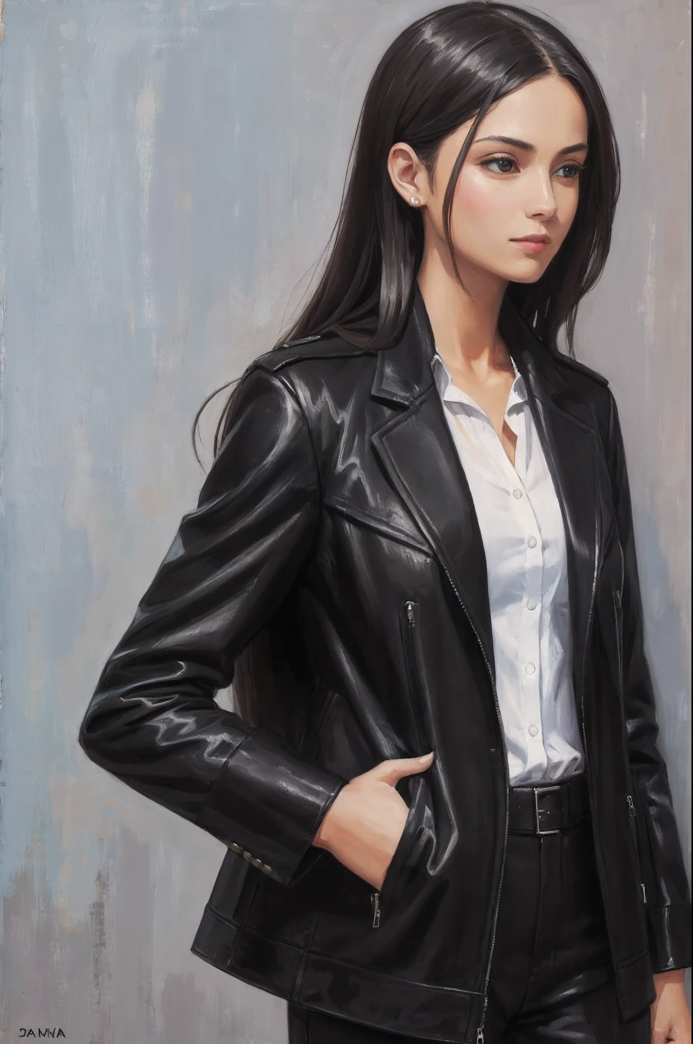 Oil painting woman wearing a stylish black jacket