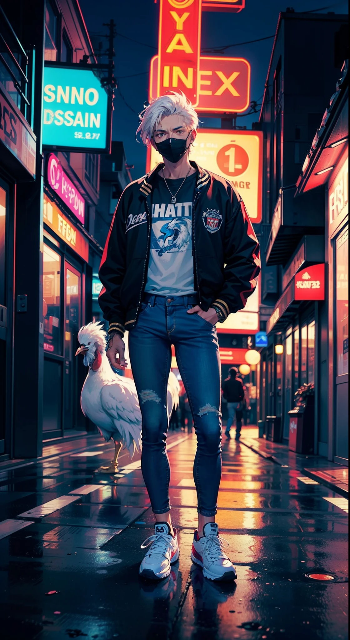 A man in a white rooster mask and brown letterman jacket stands in the middle of a neon-lit 1980's Miami street, His blue jeans are illuminated by a Dlorian DMC-12 parked behind him, When the vibrant lights of the city reflect on his sneakers.