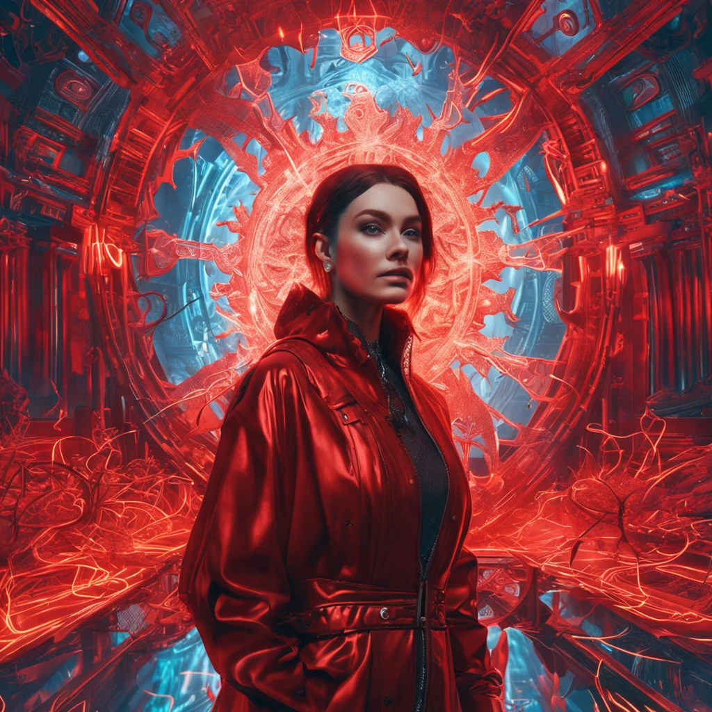 (Many award-winning masterpieces，The details are incredible, textures and maximum detail), (Hyper-realistic: 1.4), (Realistic: 1.3), Portrait of a woman in mechanical magic style，Red and blue light，Movie lighting，(Highest quality authentic textured skin), Fantasy theme, Black clothes, Black cloak, Network elements, Red light, Blue light, finerly detailed face, ((medieval world)), (Close-up of a portrait of a woman),(Bright and cold eyes), (Full body standing picture: 1.6), (With a mischievous smile on his face), (Eyes that glow red in the dark: 1.5), (A pair of red eyes，A strong red light is emitted from the inside) :1.5), (full-body standing image: 1.5), (Flames and flames swirl in the background), (Dramaticlight), Wings, (A majestic sight), (Her face is gentle and beautiful, but somehow terrifying), Ears Wear glass earrings, (Dramatic photo: 1.4),  (Maroon hair), Short hair, ((Looking up)) , ((Look down)), (A simple necklace of exquisite workmanship hangs around the neck), (Bioluminescence that emits a bright glow: 1.3), (Use gorgeous fire magic: 1.2), (swirling fire), Devil's Cathedral, The Devil's Grand Shrine, great temple, great cathedral, Temple ruins, Freestanding temple, (Luminous magic circle), Ancient Castle Site, Shine majestic clouds and sky, Lightning, Epic reality, fading, art, (greg rutkovsky: 0.8), (Teal and orange: 0.4), (art  stations: 1.5), Cinematic, ((com cores neutras)), (hdr: 1.5), (Pastel colors: 1.2), Ultra detailed, Dramaticlight, (complexdetails: 1.1), the complex background,