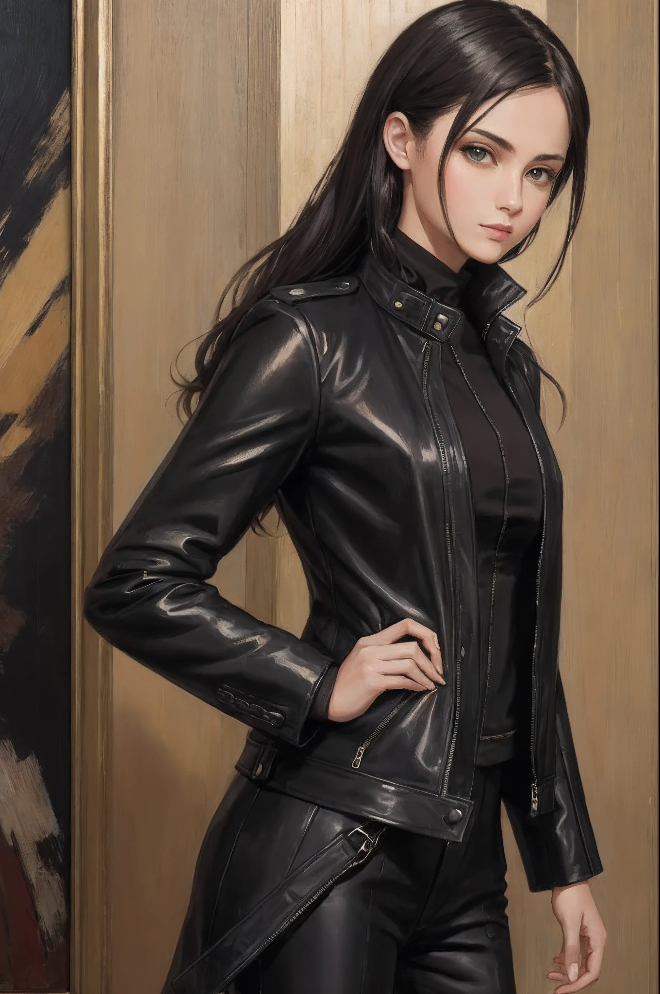 Oil painting woman wearing a stylish black jacket