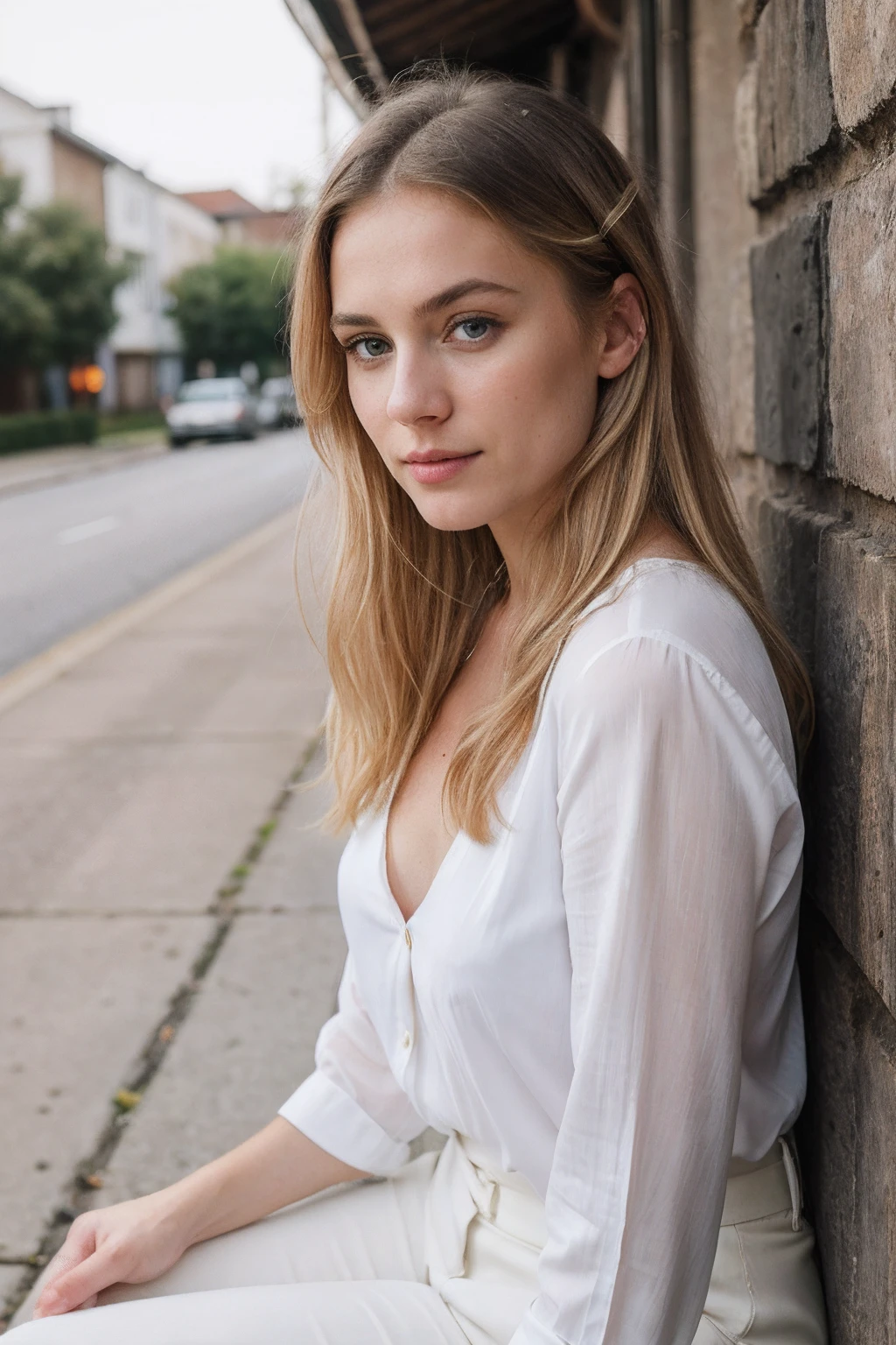 RAW, analog, Nikon Z 85mm, award winning glamour photograph,((best quality)), ((masterpiece)), ((realistic)), 18th century, vintage image, gorgeous american woman wearing, black blouse and a white pants, 35 year old, (long blonde hair), hazel eyes, small perky breasts, sitting outside at a street, a house in background, petite, ((small breasts)), innocent, flower pedals in the air, (freckles:0.6), intricate details, highly detailed, sharp focus, professional, 4k, spring flowers blooming, god rays, hand model, stunning blue eyes, petite, delicate, innocent, highres, detailed facial features, high detail, sharp focus, smooth, aesthetic, extremely detailed, photo_\(ultra\), photorealistic, realistic, post-processing, max detail, roughness, real life, ultra realistic, photorealism, photography, 8k uhd, photography, SEMI-SILHOUETTE light, russian face