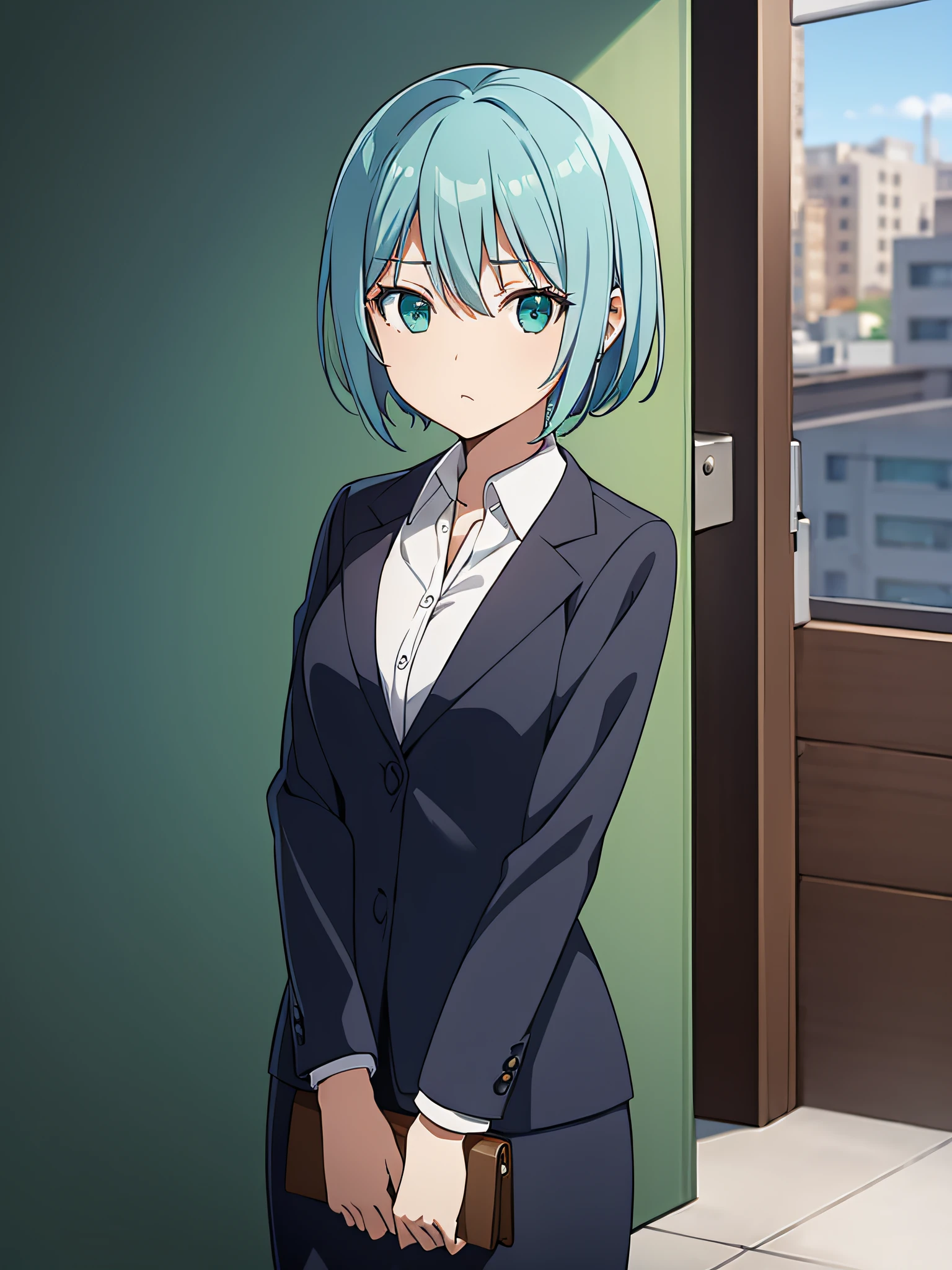 1 girl, short sky blue hair, have bangs, emerald green eyes, wear navy blue suit, detailed face, looking at viewer, office background (masterpiece, best quality)