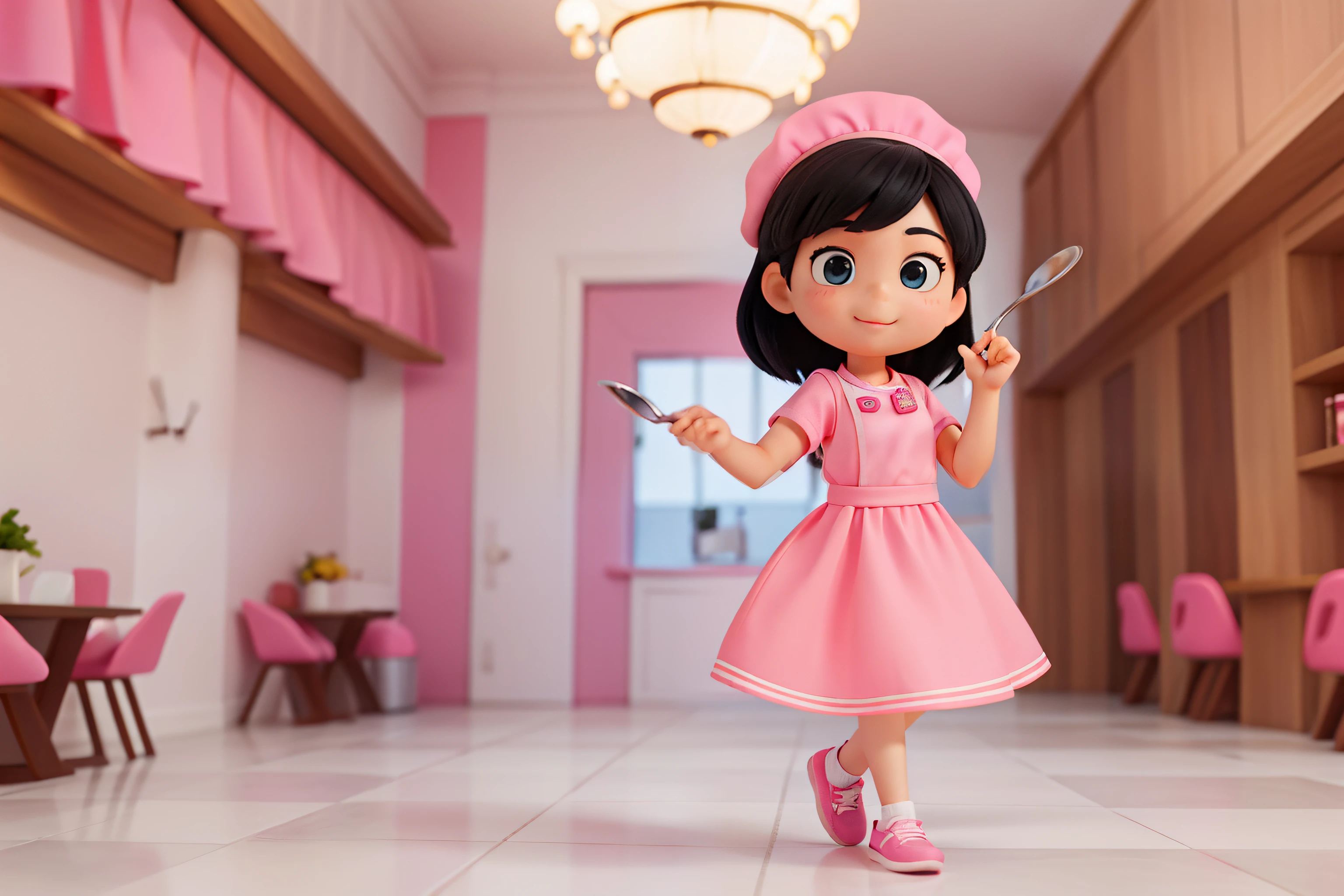 Cute fashion cartoon chef girl，Black hair，Left hand gestures are more awesome than awesome，Hold a spoon in your right hand，Cute face，vividness，realisticlying，Pink clothes，Pink fashion dress，Pink casual shoes，white backgrounid